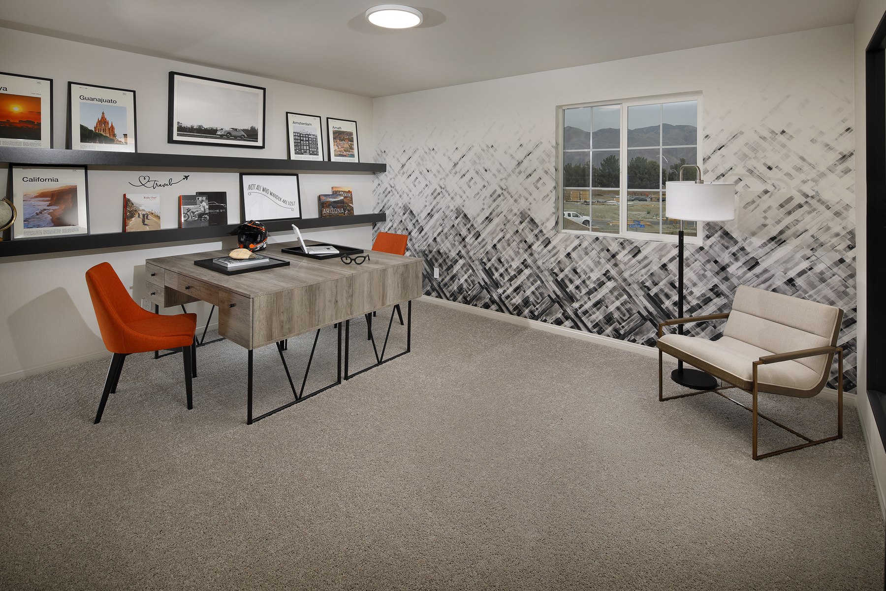 A room with a table and chairs.