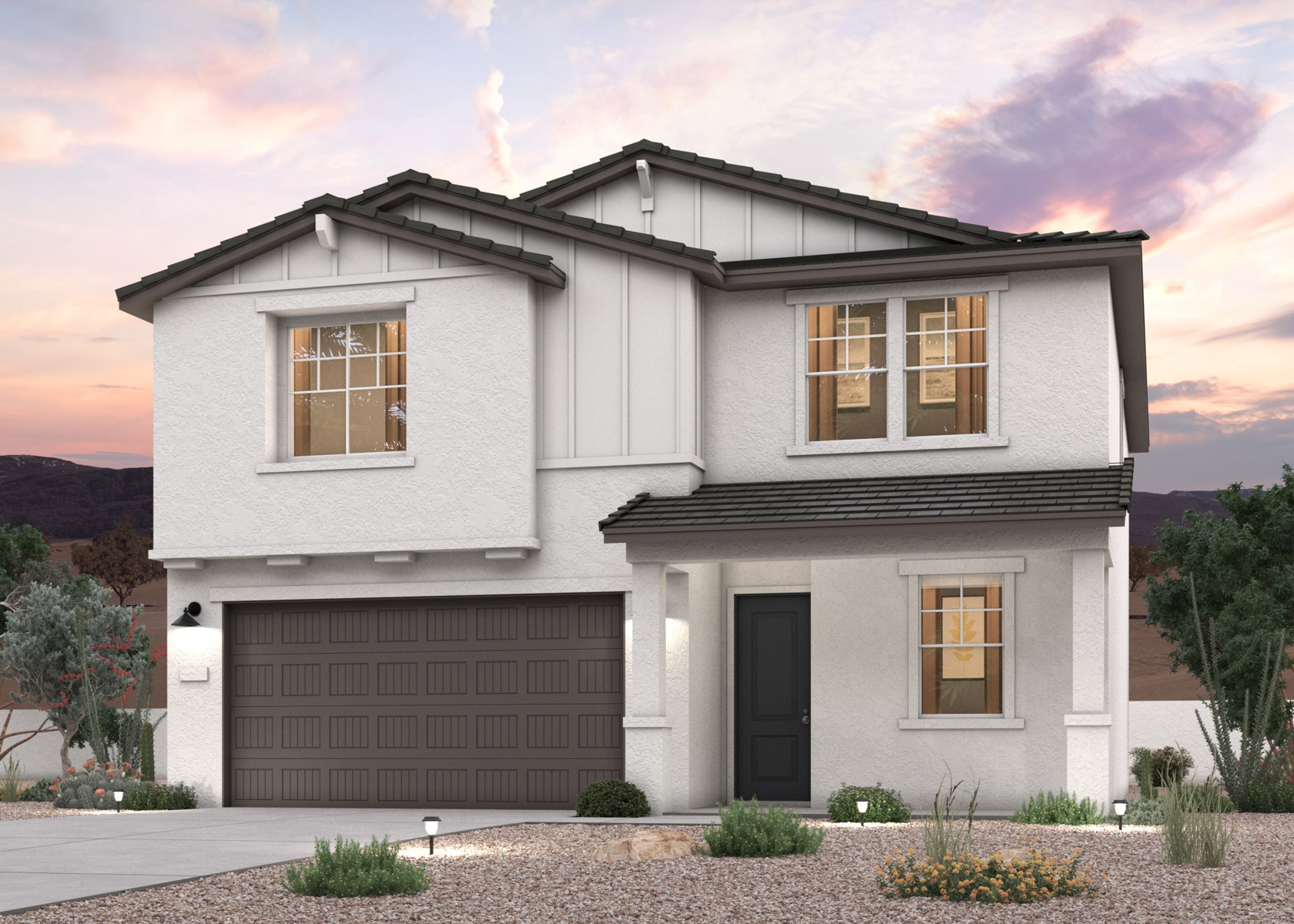 Twilight rendering of a new 2-story home for sale in Buckeye, AZ with 2 car garage at Montana Vista by Century Communities.