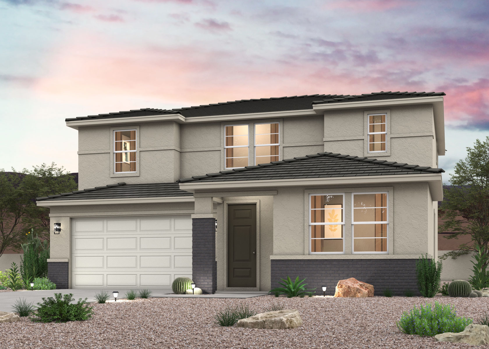 Twilight rendering of the front of a 2-Story home with 2 car garage in Surprise, AZ