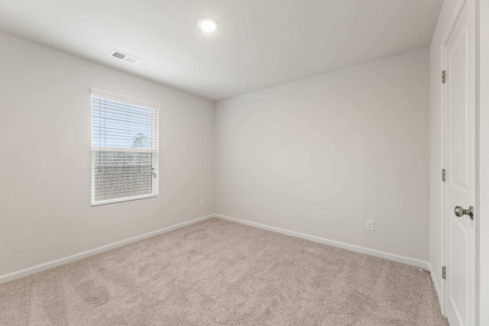 A room with a carpet and a door.