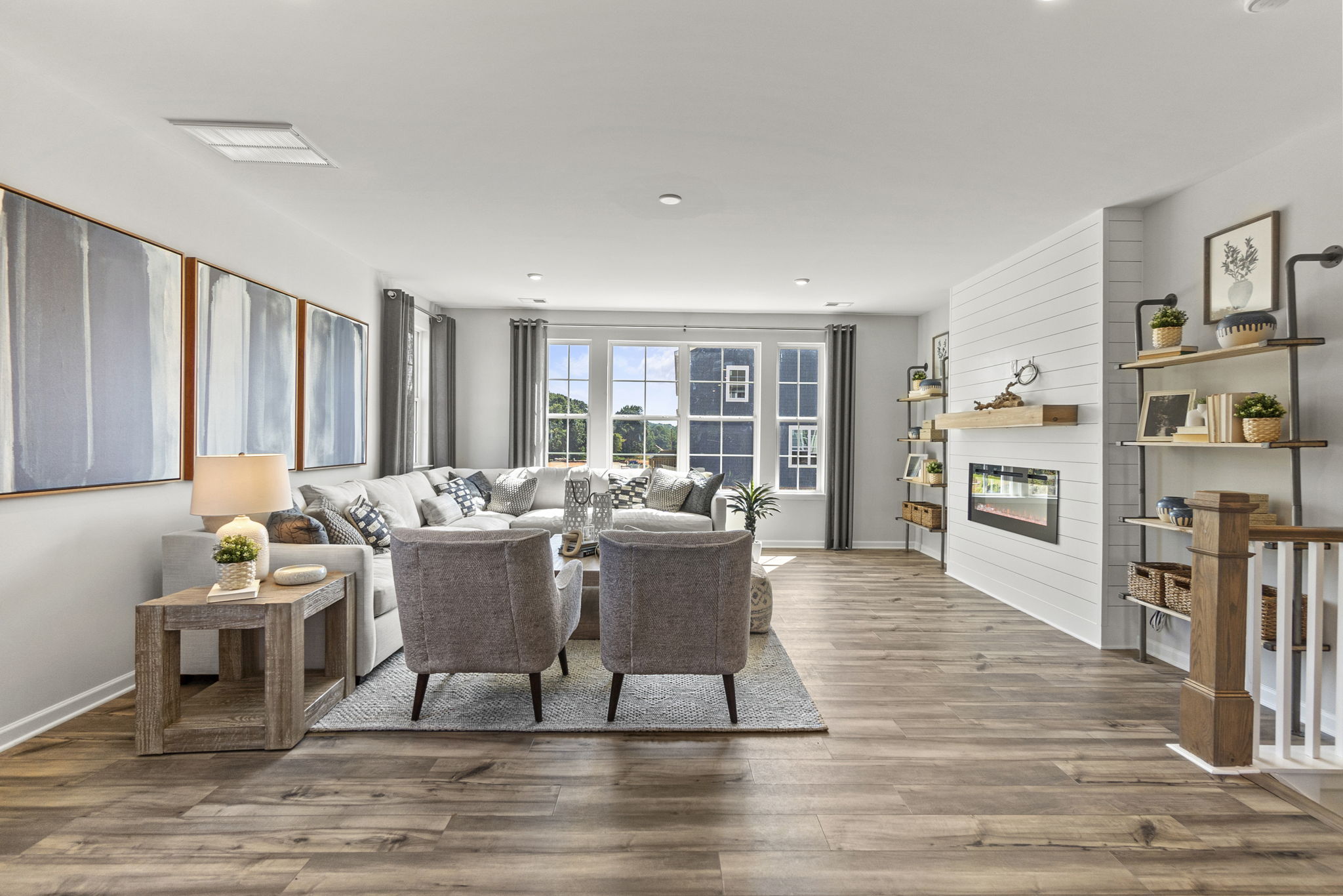 A living room with a fireplace.