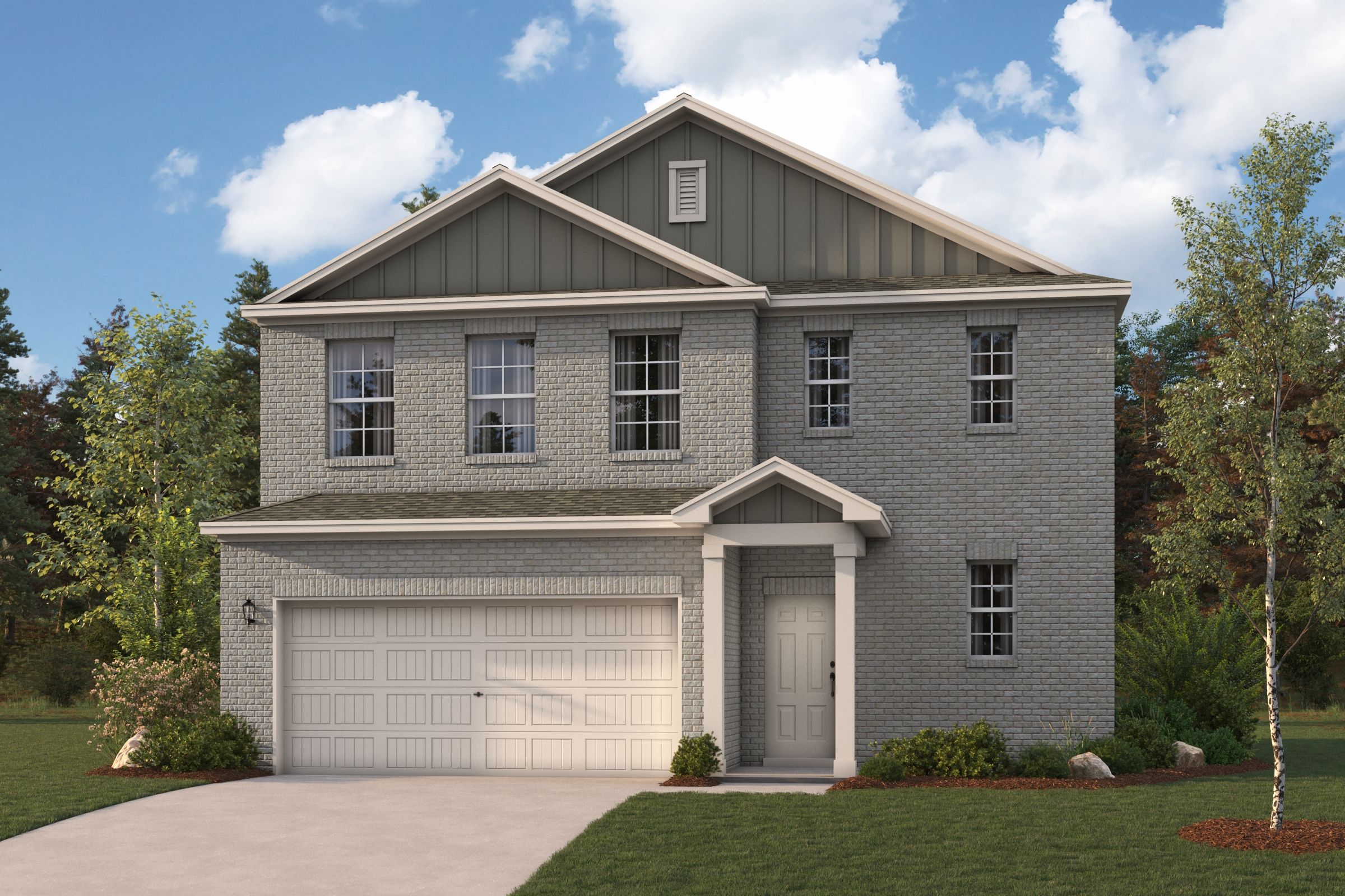 A grey house with a garage.