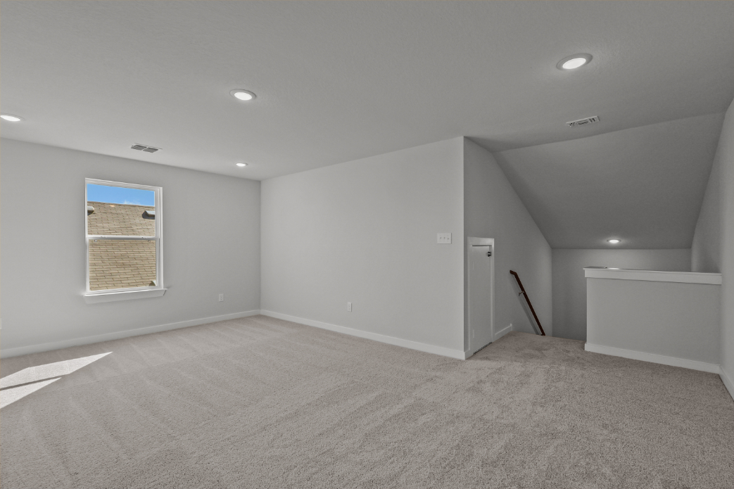 A room with a carpet and a window.