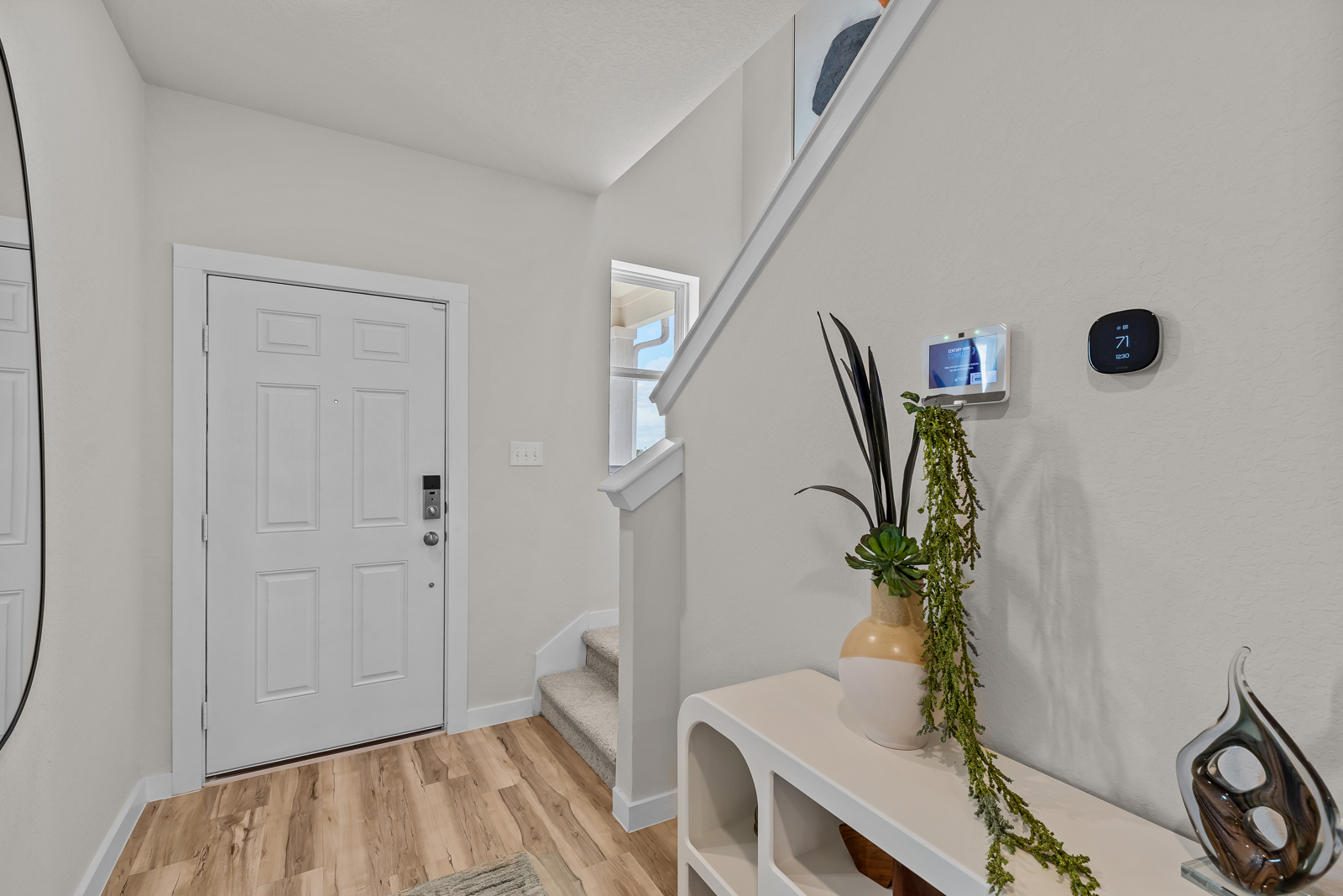 A white room with a white door and a plant in a white vase.