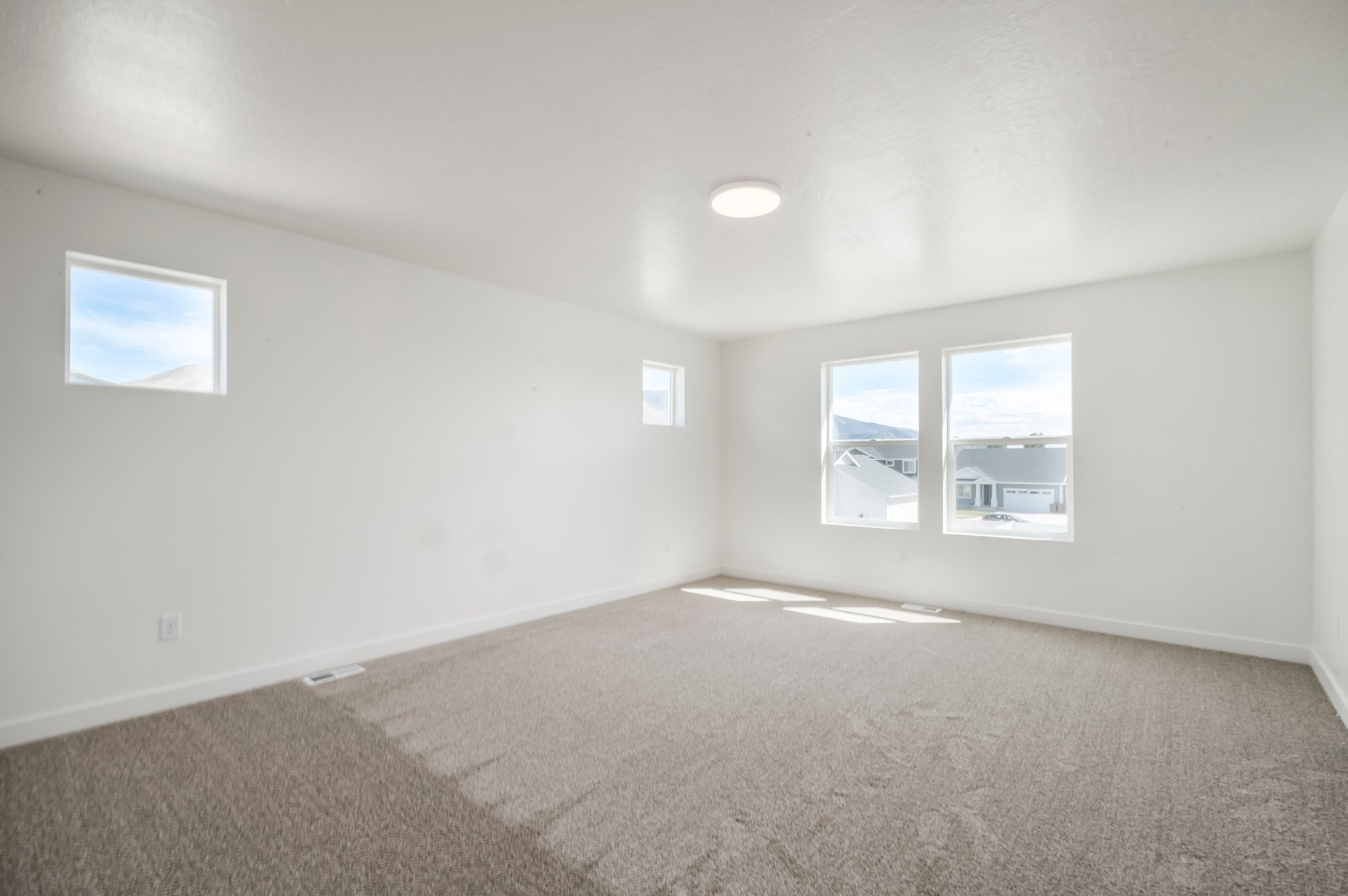 A room with a carpet and windows.