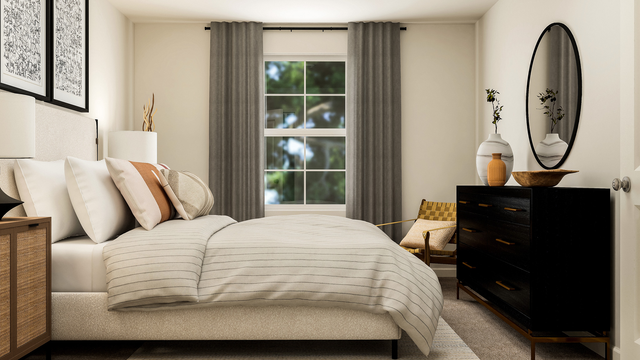 A bedroom with a bed and a mirror.
