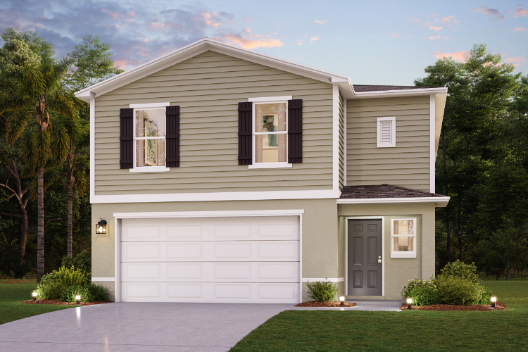 A white house with a garage.