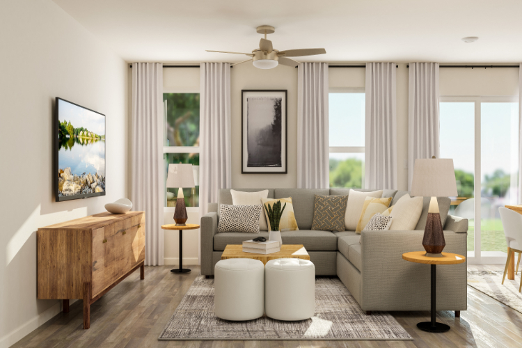 A living room with a couch and a table.