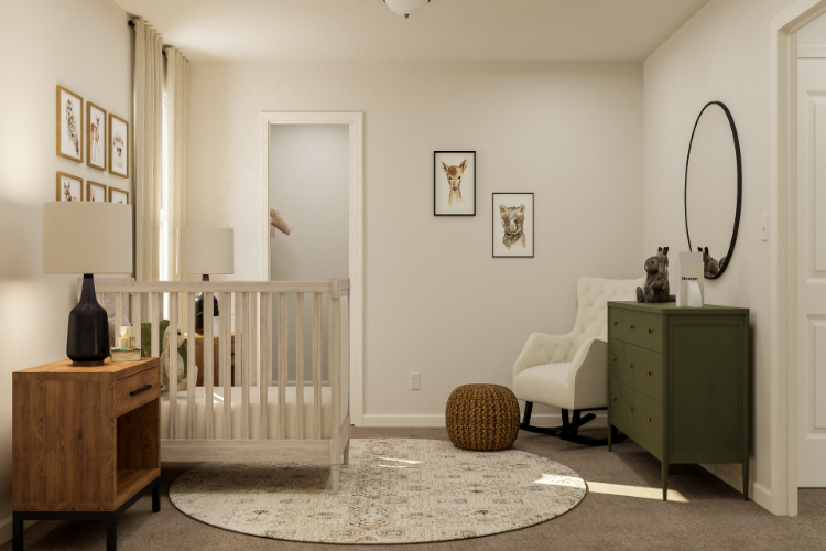 A room with a white railing and a white chair.